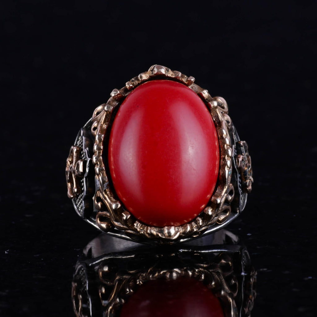 Red Coral Synthetic Stone Ring, Nautical Rope Pattern Silver Ring, 925 Sterling Silver Ring — 5