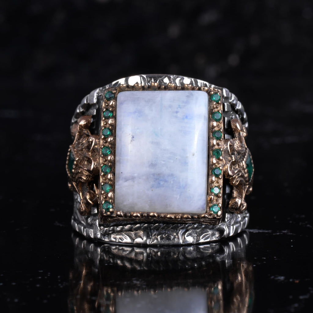 KAMBO Natural Moonstone Men's Ring 925 Sterling Silver – Green Accent Stone Handmade Statement Ring – Vintage Design Jewelry — 4