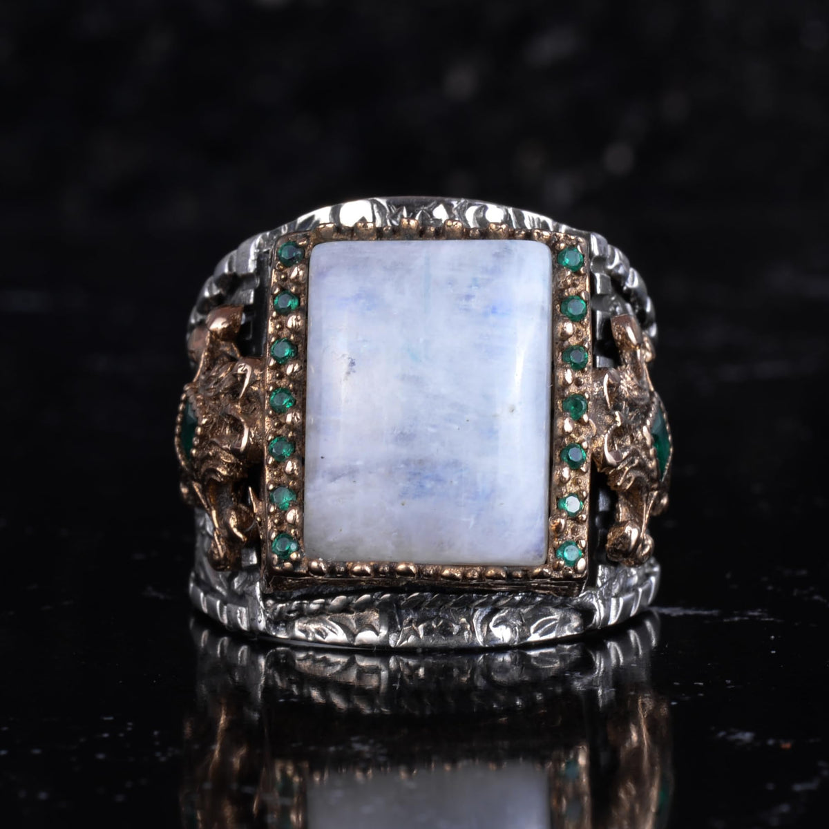 KAMBO Natural Moonstone Men's Ring 925 Sterling Silver – Green Accent Stone Handmade Statement Ring – Vintage Design Jewelry — 4