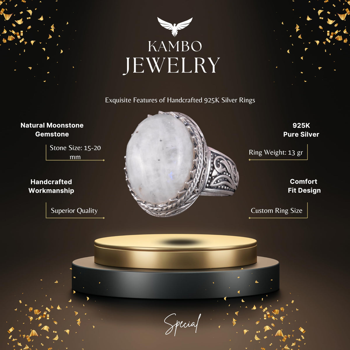 Kambo Handcrafted Moonstone Gemstone Ring - Mystical 925K Solid Silver Men's Ring - Lunar Radiance Design — 2