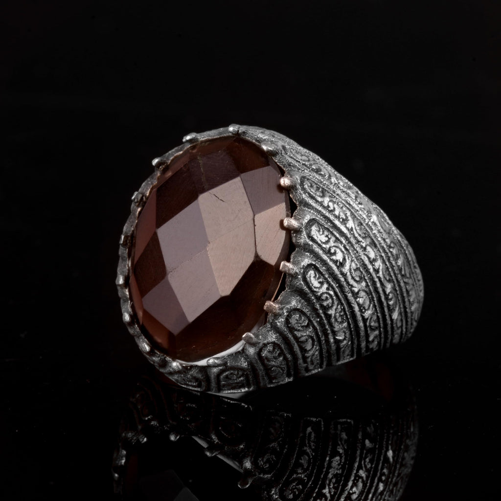 KAMBO Handmade 925 Sterling Silver Smoky Quartz Ring for Men, Genuine Natural Gemstone Statement Ring, Vintage Style Bir