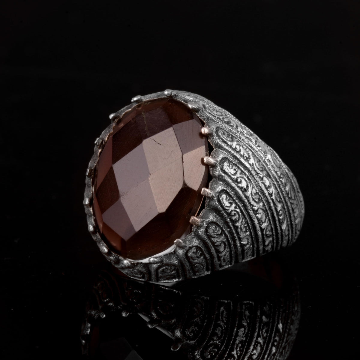 KAMBO Handmade 925 Sterling Silver Smoky Quartz Ring for Men, Genuine Natural Gemstone Statement Ring, Vintage Style Bir