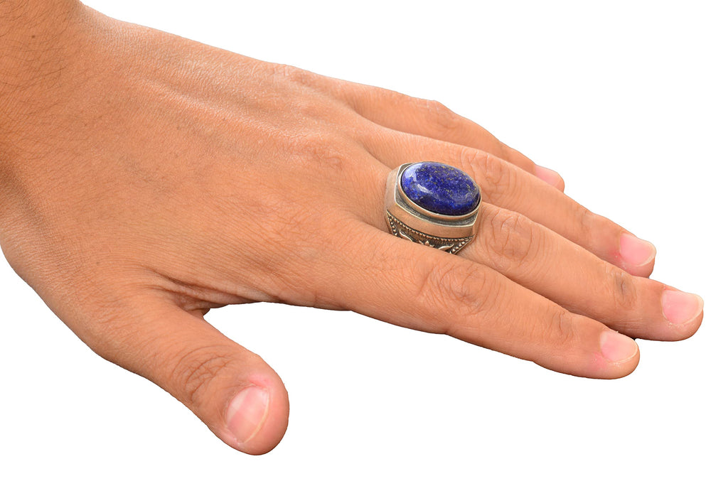 KAMBO Tulip Motif and Natural Lapis Lazuli Stone 925 Sterling Silver Men's Ring — 6