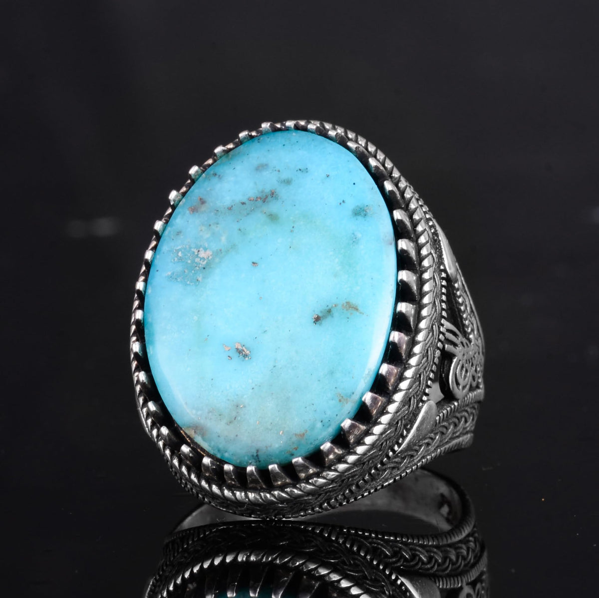 KAMBO Ottoman Tugra Design Natural Turquoise Stone Ring - 925 Sterling Silver Handmade Men's Ring (Style-5) — 5