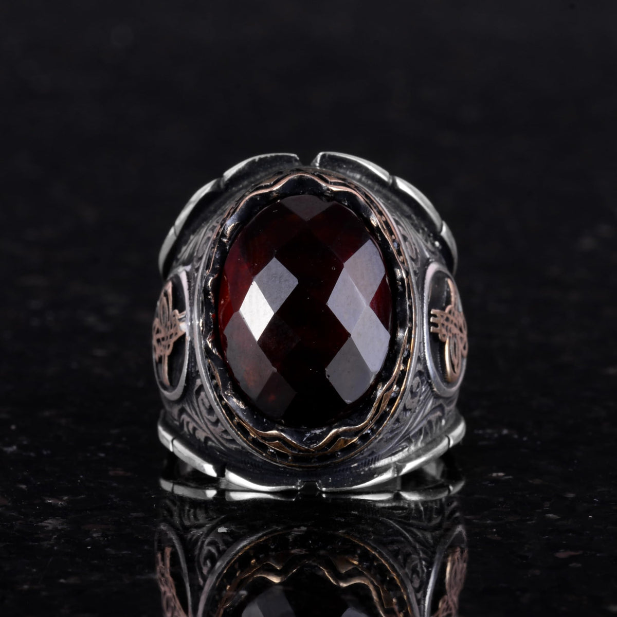 Natural Garnet Stone Ring, 925 Sterling Silver, Ottoman Tughra Ring — 5