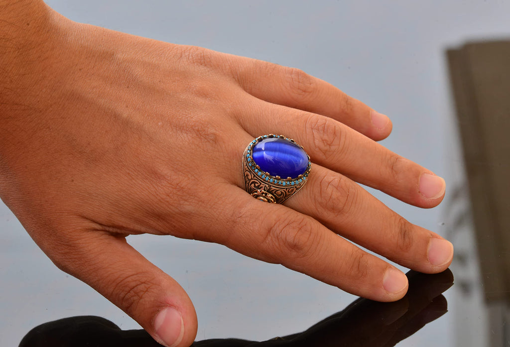 KAMBO Handmade 925 Sterling Silver Unisex King Ring with Blue Cats Eye Stone, Vintage Art Deco Design, Statement Jewelry