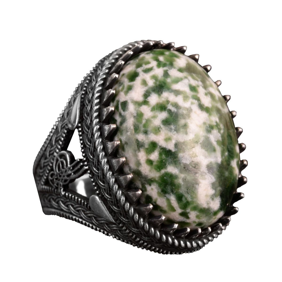 925 Sterling Silver Men's Ring, Natural Jade Ring, Oval Spotted Jade