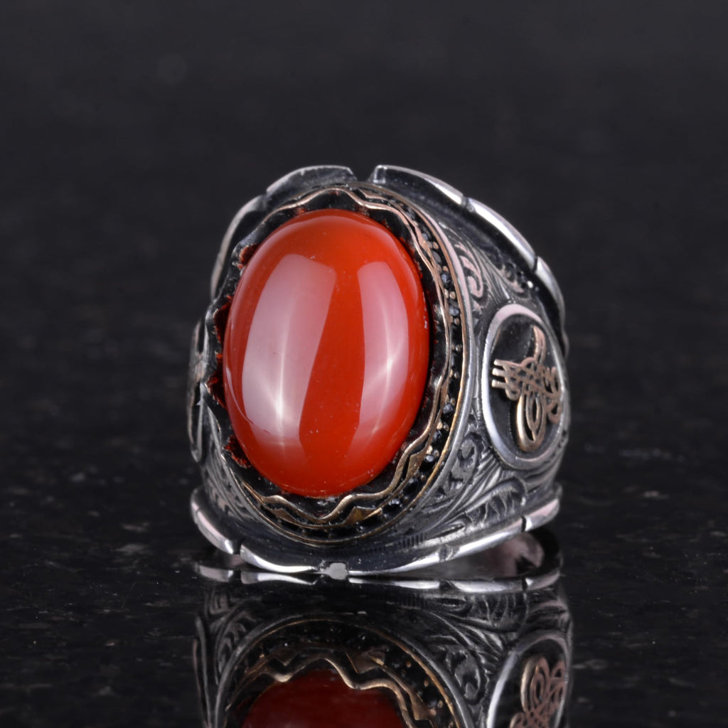 Handmade Natural Red Agate Stone Ring, Ottoman Silver Tugra 925 — 6