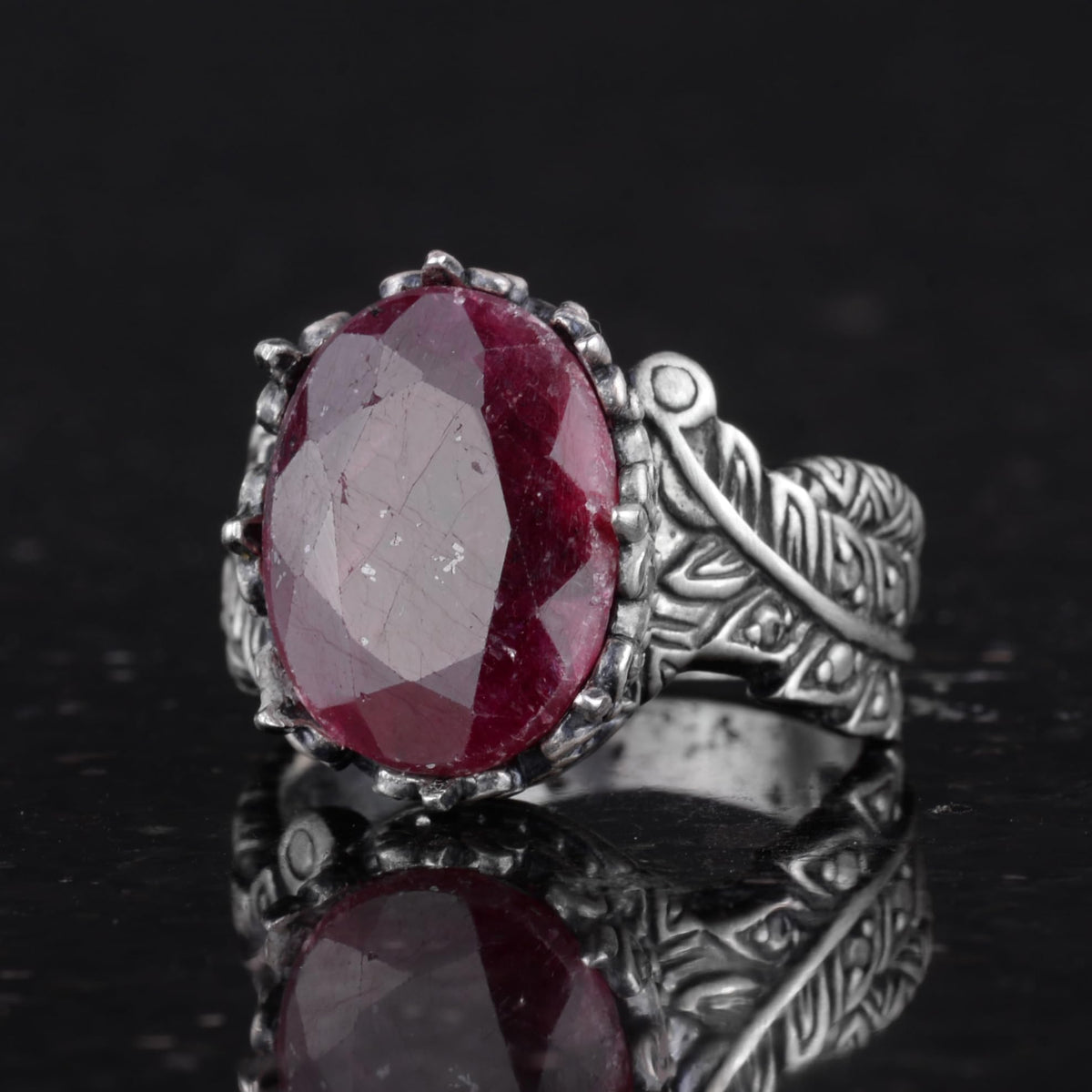 Silver Women's Ring, Natural Ruby Stone, Vintage Bohemian Design — 6