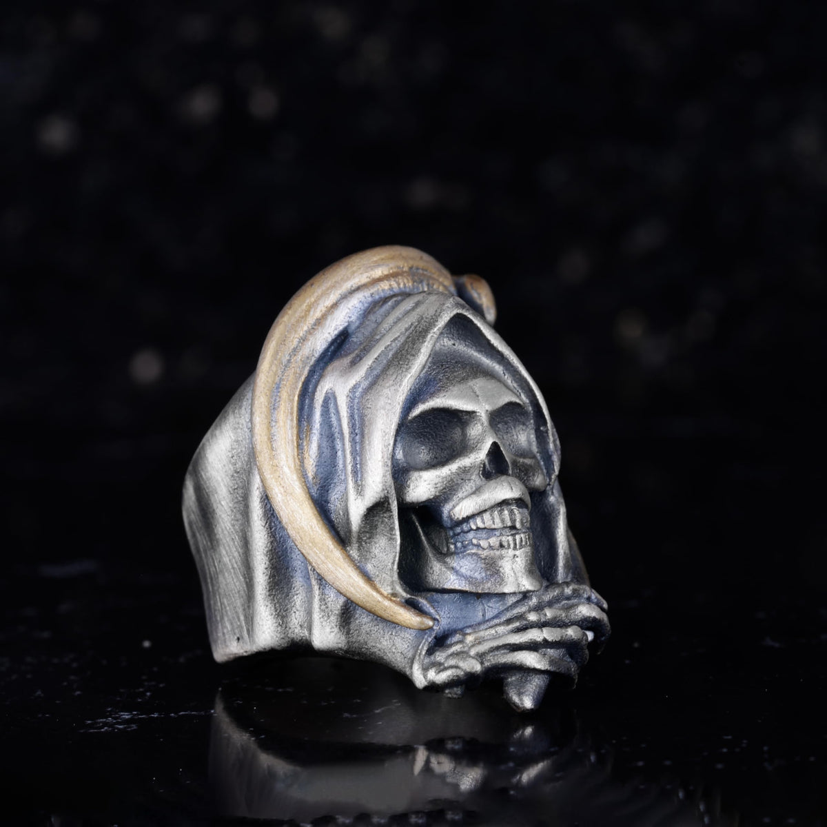 KAMBO 925 Sterling Silver Death Angel Skull Ring – Gothic Men's Silver Ring – Handmade Biker Jewelry – Skeleton Hooded Design (Gold Plated) — 6