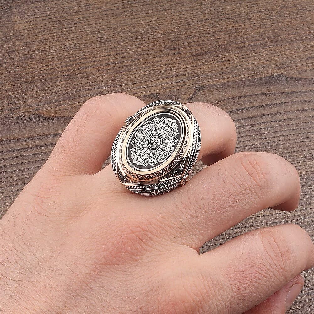 KAMBO 925 Sterling Silver Ayat al-Kursi Men's Ring – Rose Detailed Oval Islamic Ring, Ottoman Style Statement Jewelry — 2