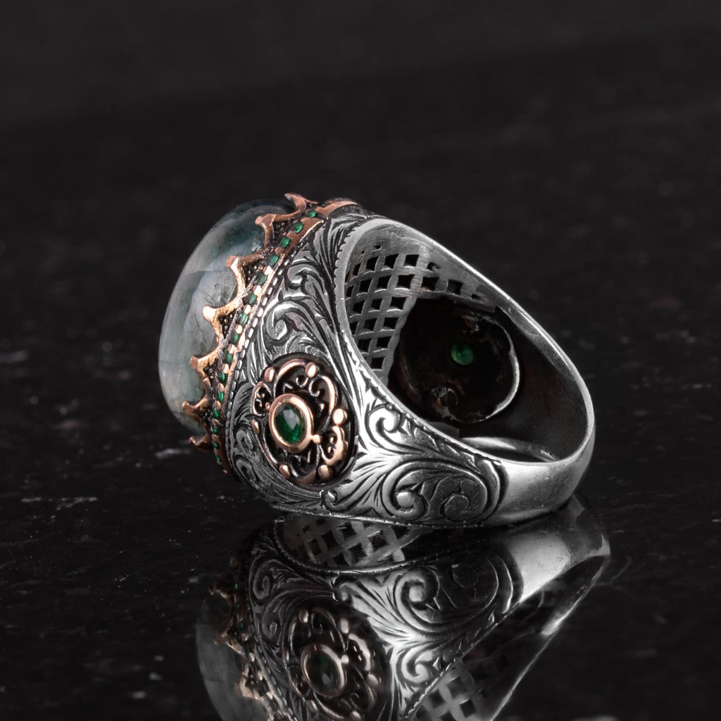 Synthetic Stone Ring - 925 Sterling Silver Handmade Ring - Synthetic Cabochon Emerald Ring — 7