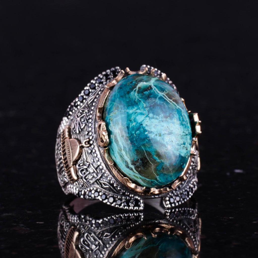 Natural Chrysocolla Stone Ring, 925 Sterling Silver Men's Ring — 5