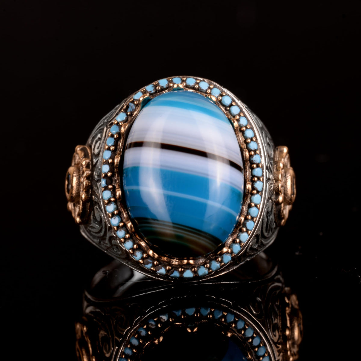 Natural Blue Agate Stone Ring, 925 Sterling Silver Ring, Men's Ring — 5