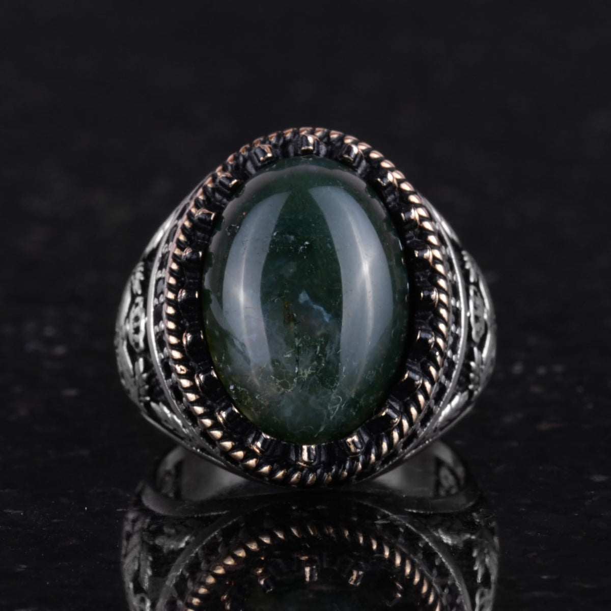 Natural Moss Agate Ring - Handmade Eagle Design - 925 Sterling Silver — 4