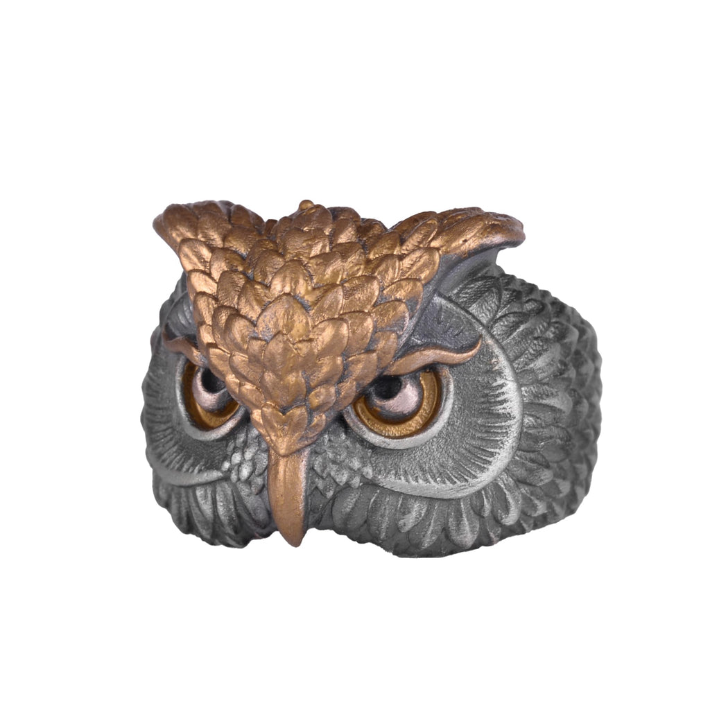 KAMBO 925 Sterling Silver Owl Head Ring – Symbol of Wisdom and Protection – Handmade Gothic Unisex Animal Jewelry (Gold Plated)