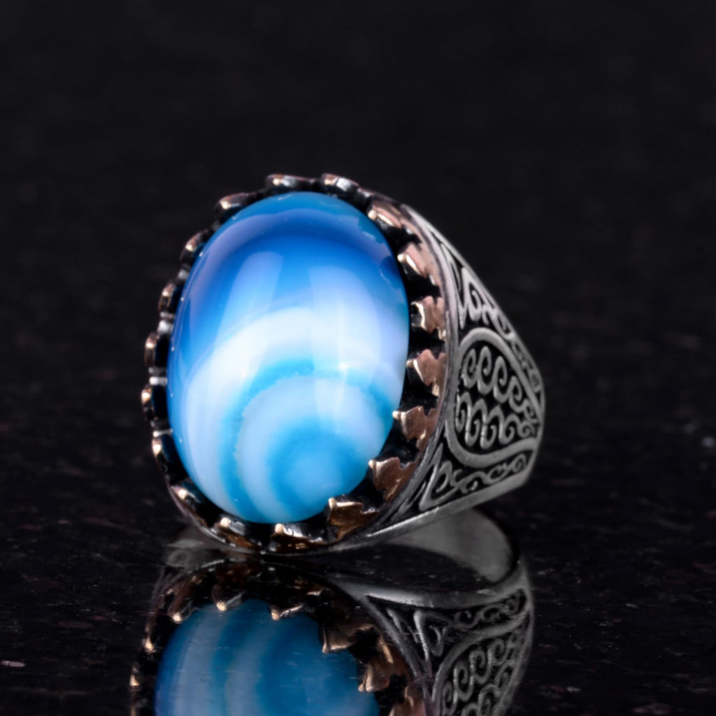 925 Sterling Silver Men's Ring - Handmade Elegance with Natural Stones (Blue Agate) — 3