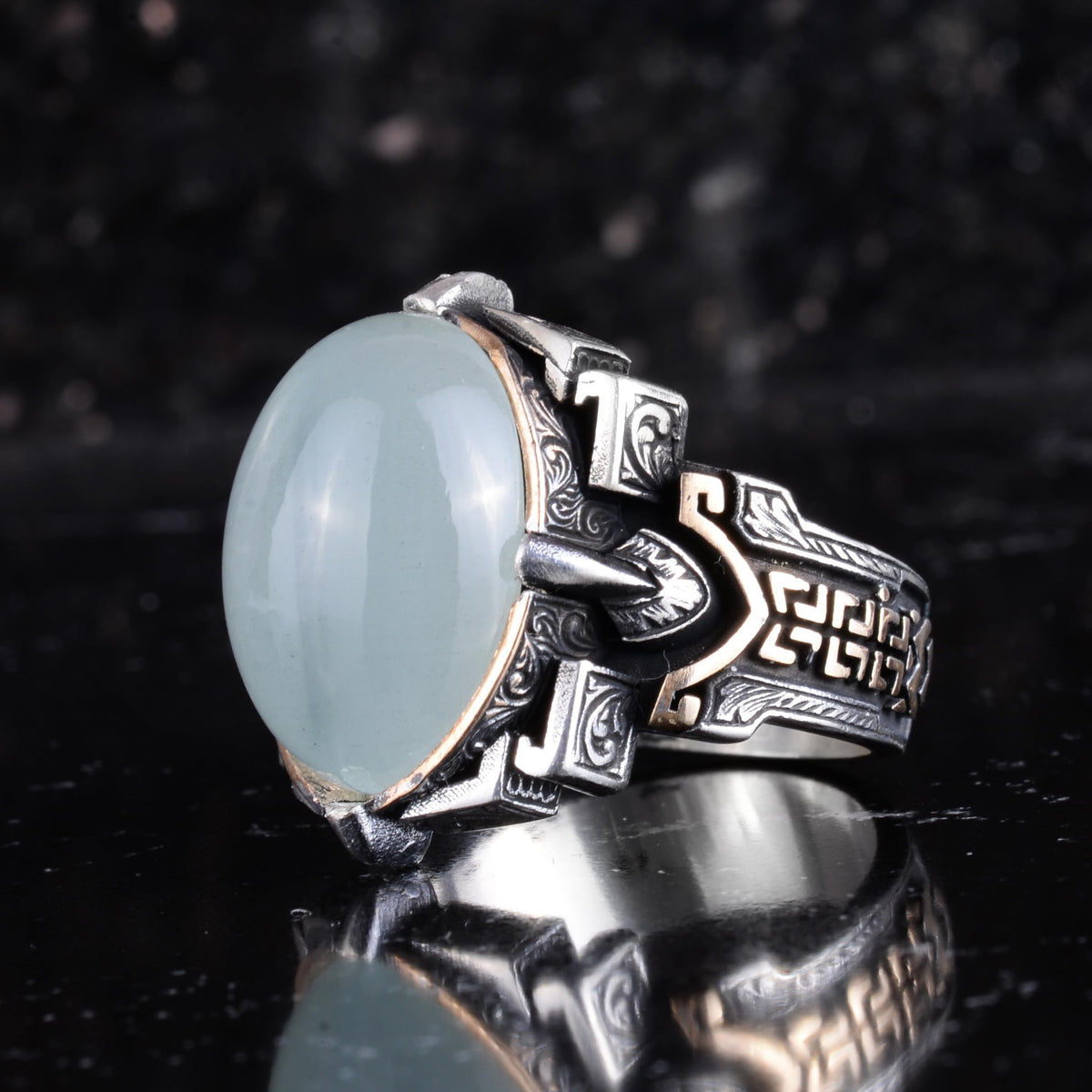 KAMBO Natural Stone Ring 925 Sterling Silver – Handmade Men's Statement Ring Healing Jewelry (Aquamarine) — 5