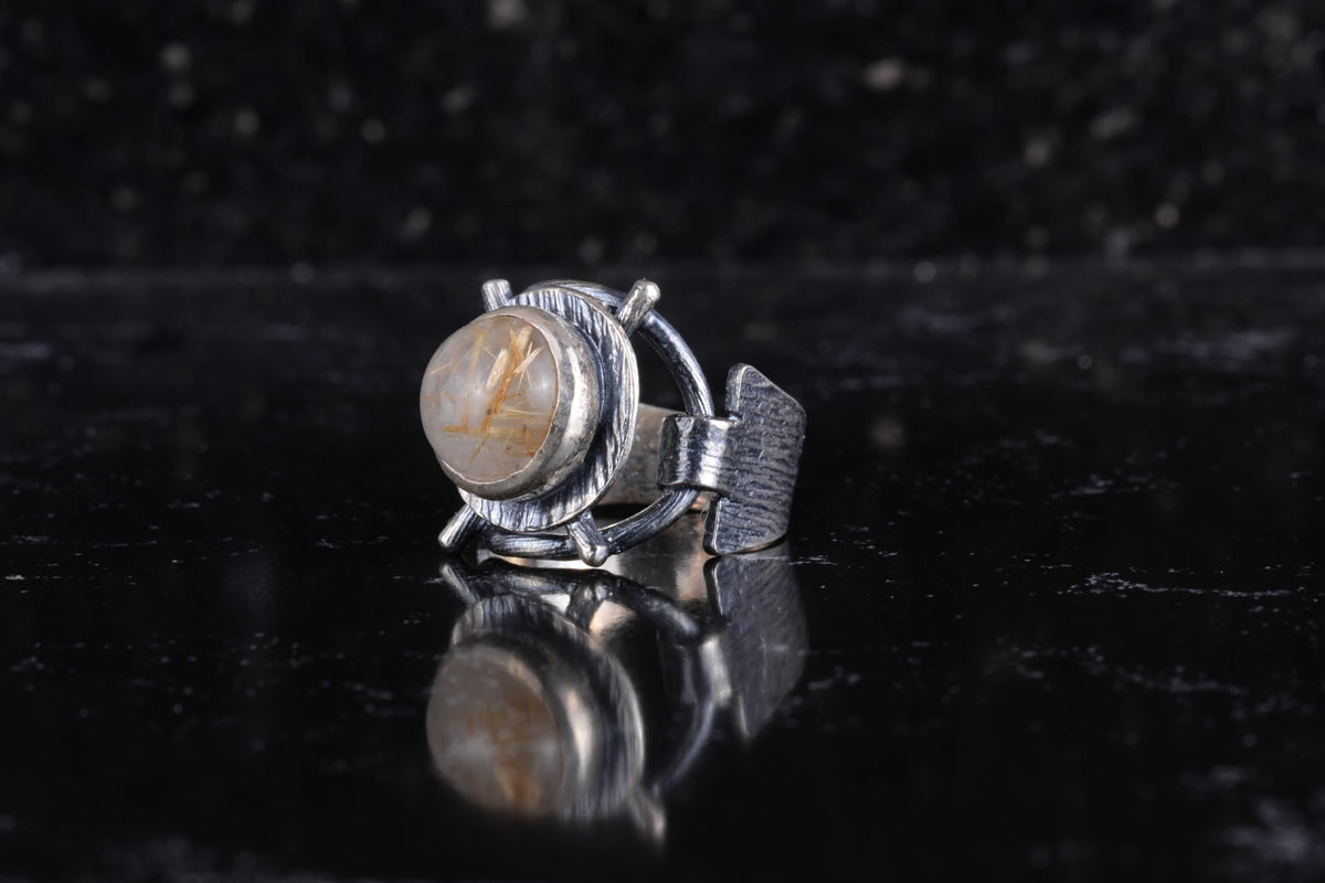 KAMBO Natural Rutilated Quartz Gold Women's Ring with 925 Sterling Silver Adjustable Industrial Nail Design Handmade — 5