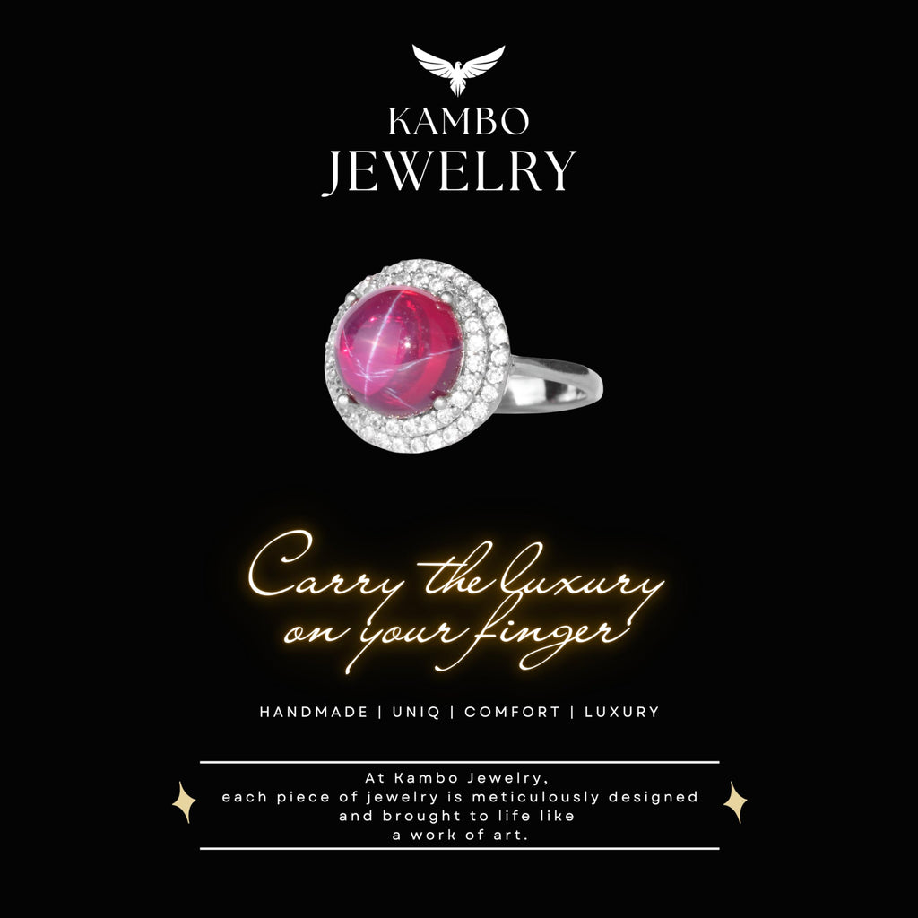 KAMBO Natural 6 Ray Star Ruby Stone Ring for Women 925 Sterling Silver Halo Design Elegant Handmade Ring Asterism Ruby — 7