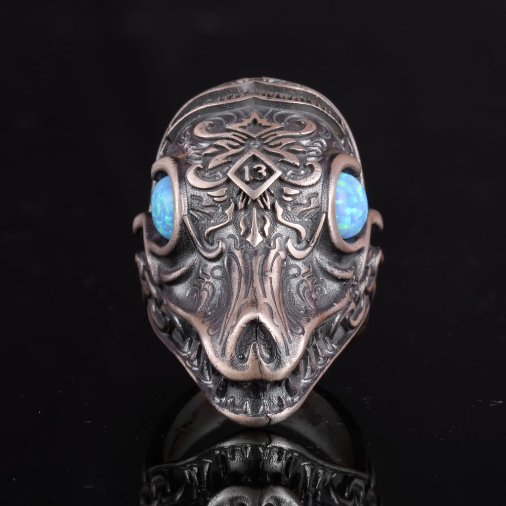 KAMBO Dragon Pattern Heavy 925 Sterling Silver Men's Large Ring - Handmade Animal Figurine Ring (Synthetic Blue Opal) — 4