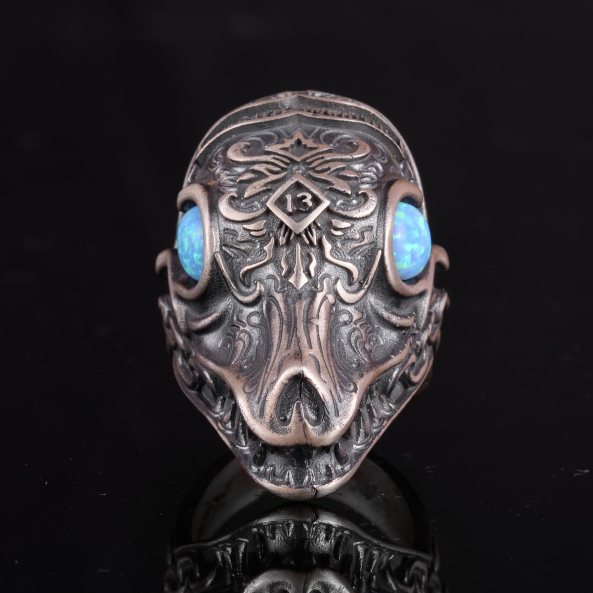 KAMBO Dragon Pattern Heavy 925 Sterling Silver Men's Large Ring - Handmade Animal Figurine Ring (Synthetic Blue Opal) — 4