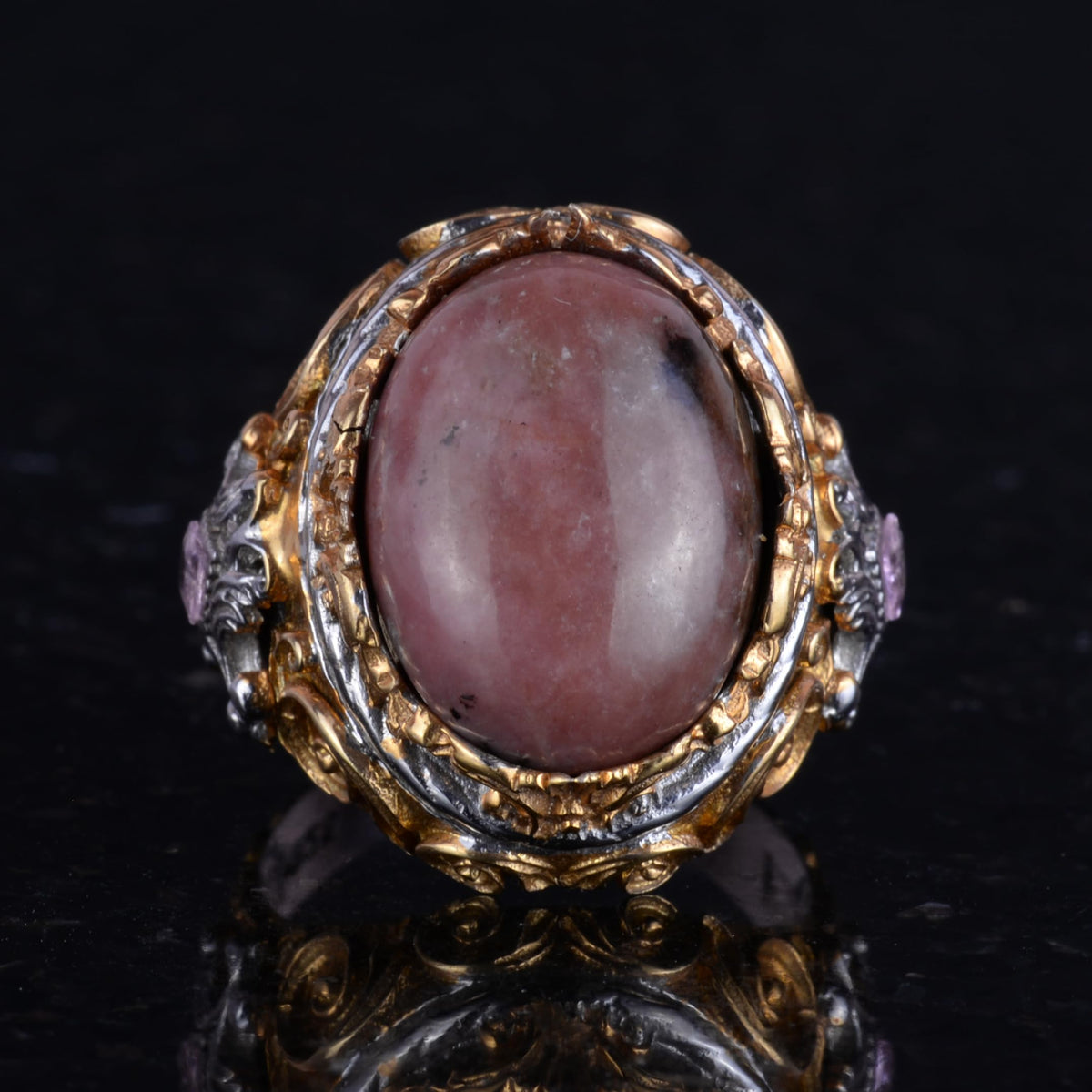 KAMBO Genuine Natural Stone Ring - Men's Sultan Ring - Gold Plated 925 Sterling Silver Ring - Handmade Ring (Rhodonite) — 4