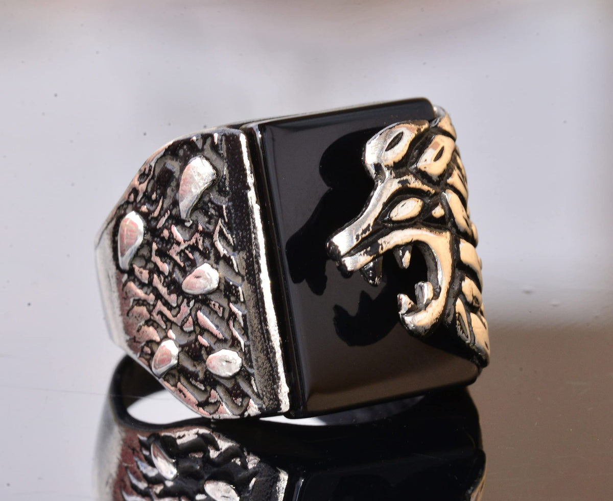 Natural Obsidian Stone Lion Head Ring - Silver Men's Ring — 3
