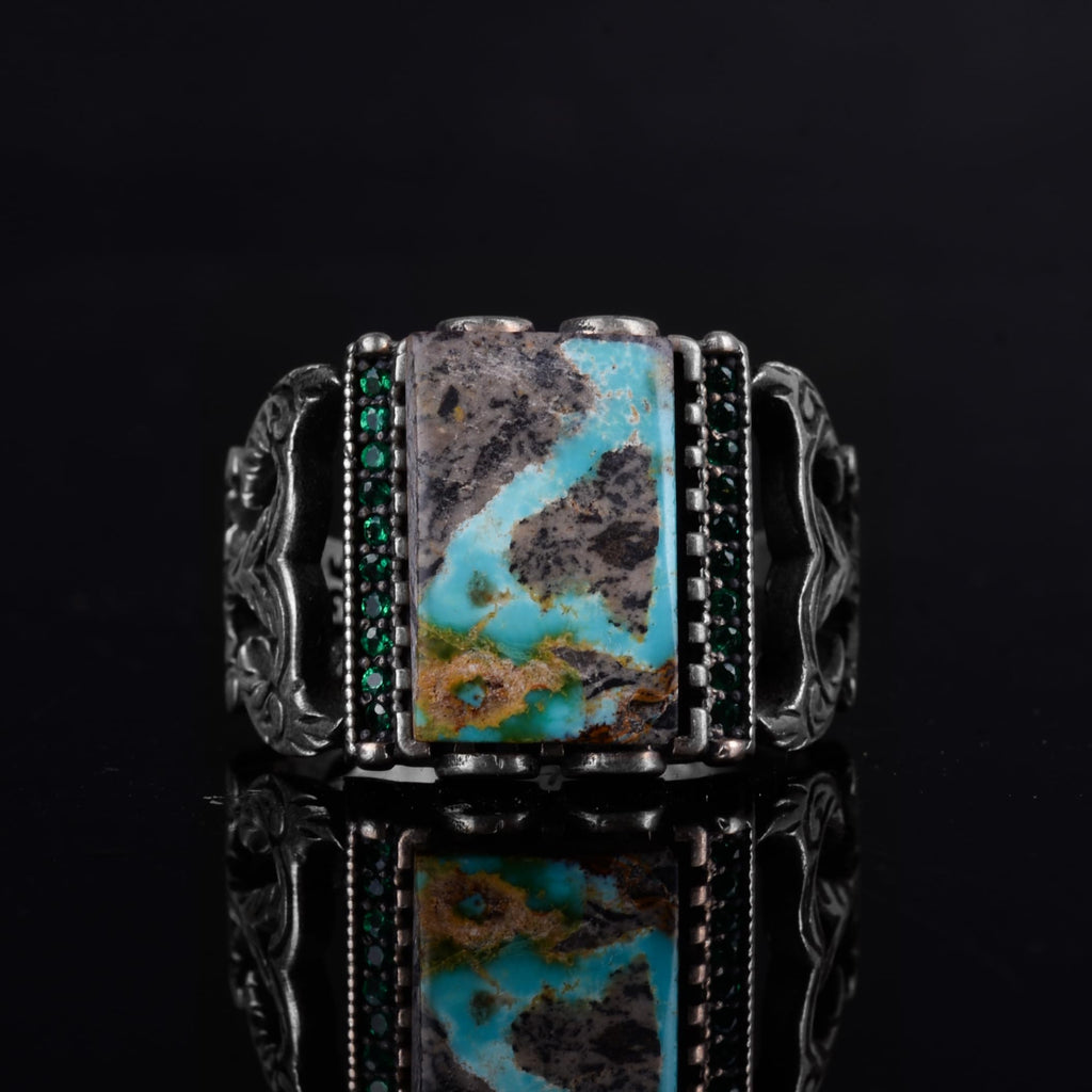 KAMBO Natural Arizona Turquoise 925 Sterling Silver Men's Ring – Rectangular Stone Ottoman Style Engraved Design (Style-3) — 4