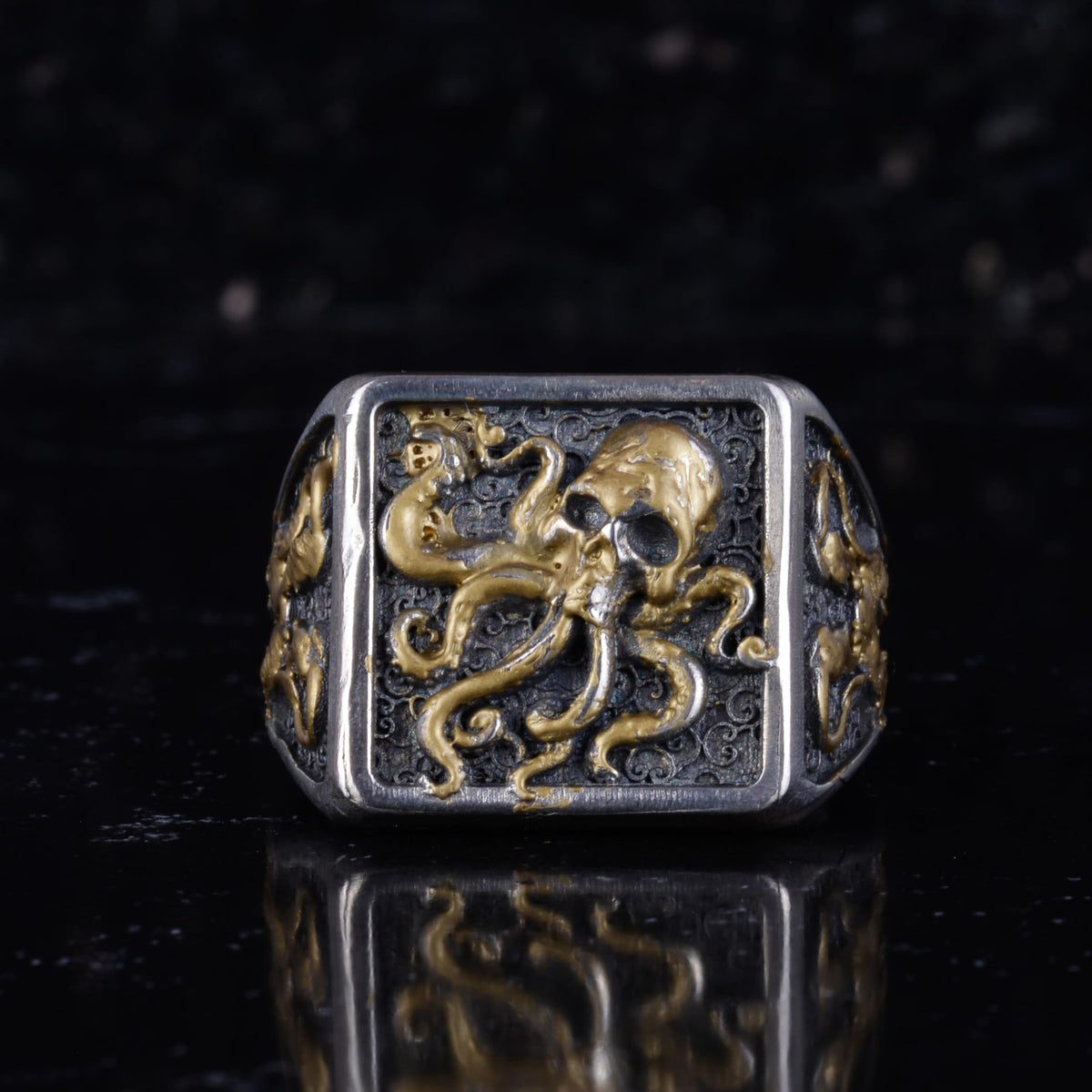 KAMBO Octopus Symbol Men's Ring – 925 Sterling Silver with Gold Plated Detail Square Ring – Handmade Descriptive Jewelry — 4