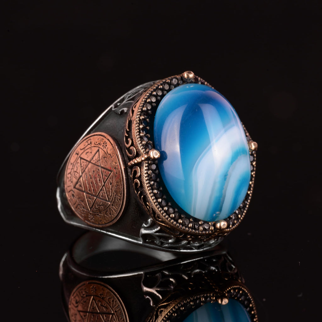 Natural Blue Agate Stone Ring - 925 Sterling Silver Men's Ring — 6