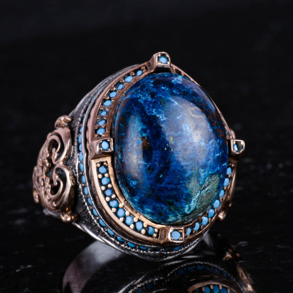 925 Sterling Silver Ring with Natural Azurite Stone, Handmade Men's Ring, Vintage Design — 5