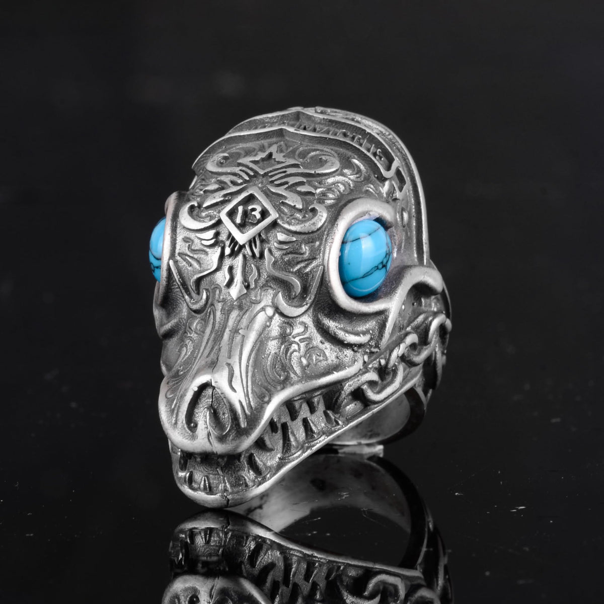 KAMBO Dragon Pattern Heavy 925 Sterling Silver Men's Large Ring - Handmade Animal Figurine Ring (Synthetic Turquoise) — 6
