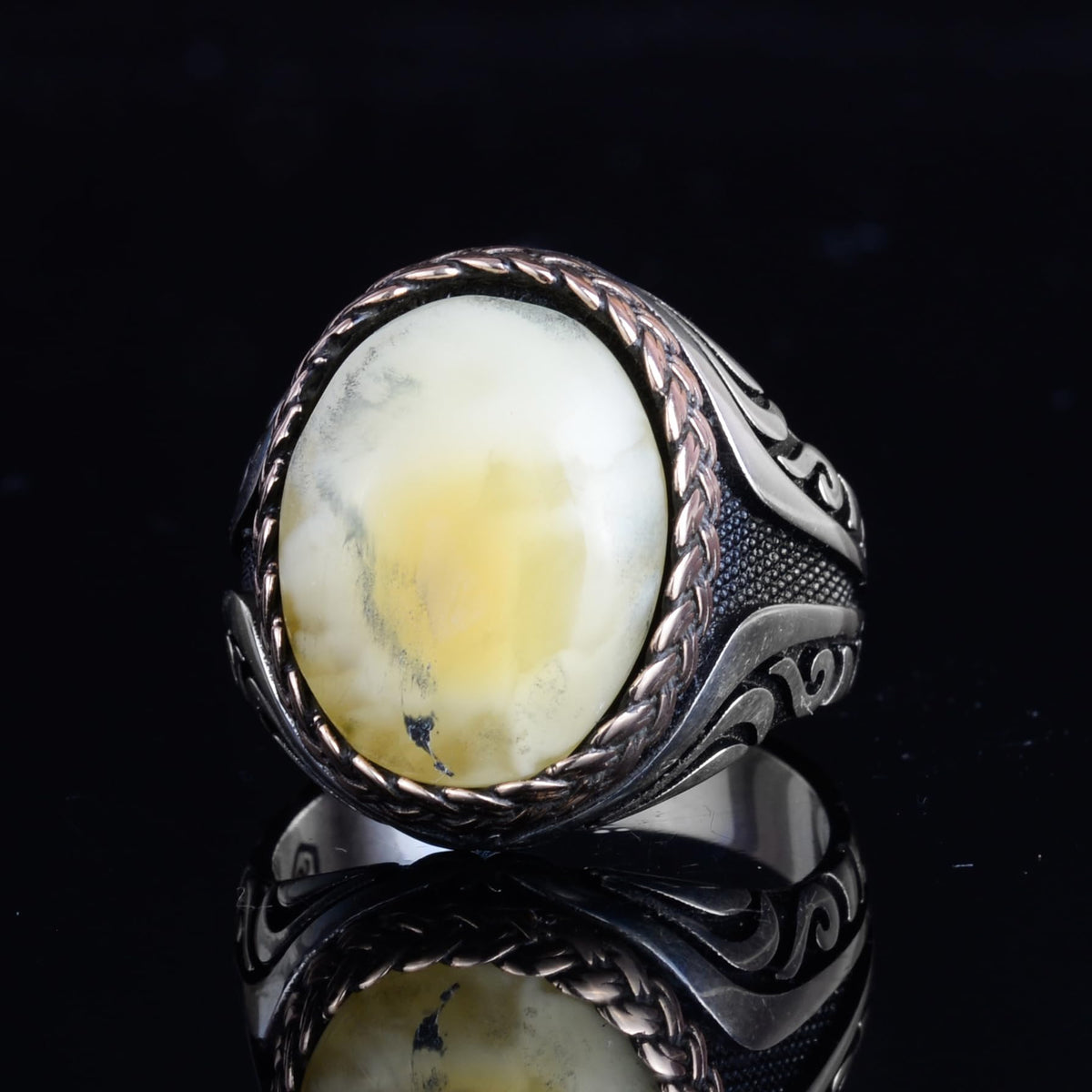 KAMBO Men's Natural Baltic Amber Stone Ring – 925 Sterling Silver Handmade Statement Ring – Authentic Amber Jewelry with Ottoman Style Details (Style-9) — 5