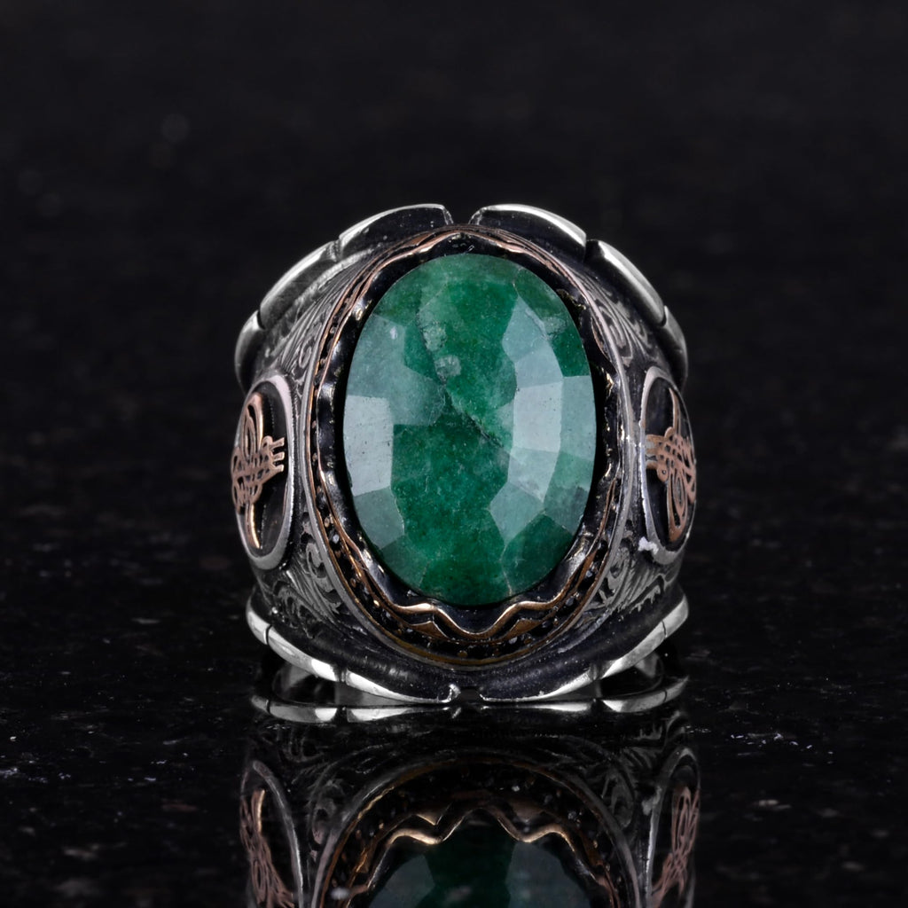 Ottoman Tugra Silver Ring, Natural Stone Ring, 925 Sterling Silver Ring (Emerald) — 3