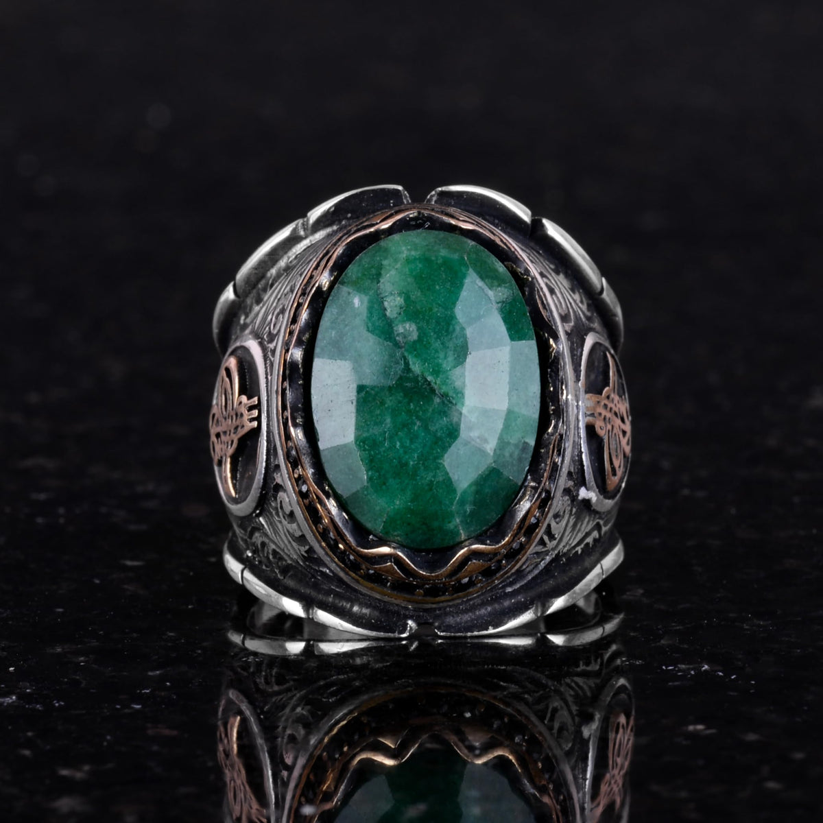 Ottoman Tugra Silver Ring, Natural Stone Ring, 925 Sterling Silver Ring (Emerald) — 3