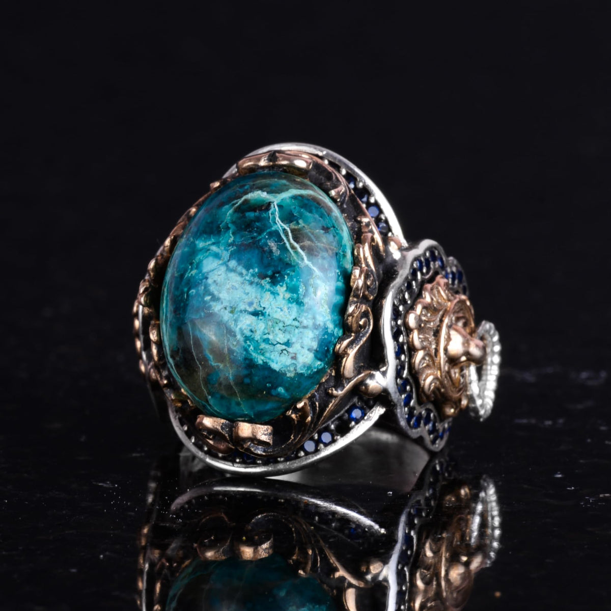 925 Sterling Silver Men's Ring, Natural Chrysocolla Stone Ring, Lion Head Ring — 4