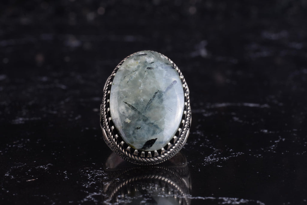 KAMBO Men's Natural Stone Ring – 925 Sterling Silver Large Statement Ring – Handmade Ottoman Pattern Jewelry (Prehnite) — 4