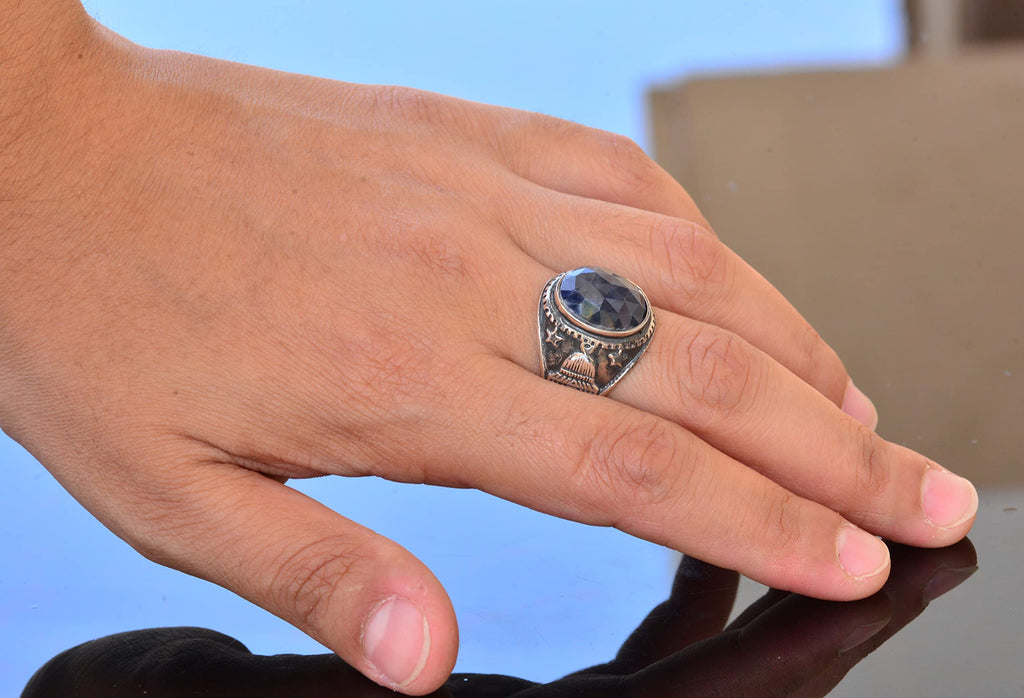KAMBO Handmade 925 Sterling Silver Men's Ring with Genuine Natural Sapphire Gemstone, Minimalist Islamic Mosque Design, 