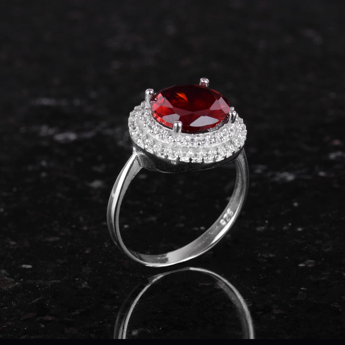 Kambo Synthetic Stone Handcrafted Ring - 925 Sterling Silver Women's Ring, Round Cut (Synthetic Garnet) — 5