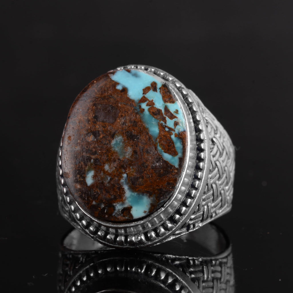 KAMBO Natural Turquoise Stone 925 Sterling Silver Men's Ring - Handmade Woven Texture Vintage Statement Jewelry (Style-2) — 5