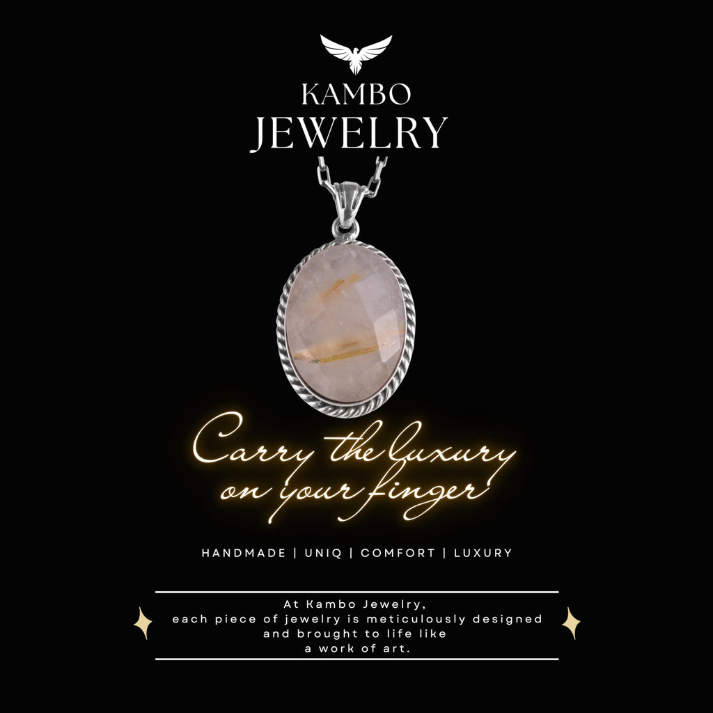 KAMBO Natural Stone Chain Unisex Necklace 925 Sterling Silver – Handmade Oval Description Necklace (Golden Rutilated Quartz) — 6