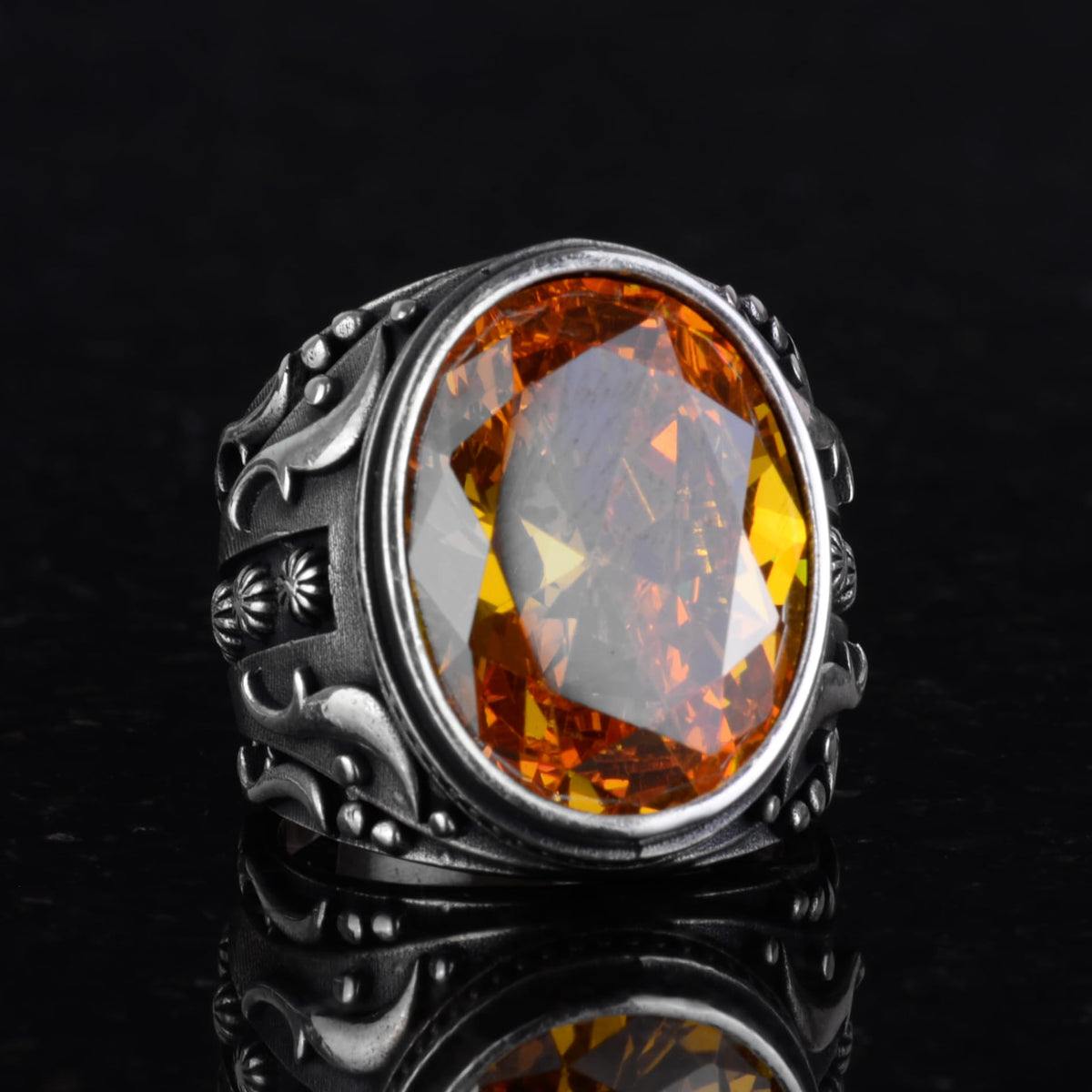 925 Sterling Silver Ring, Designer Silver Men's Ring (Orange Artificial Citrine Stone) — 5