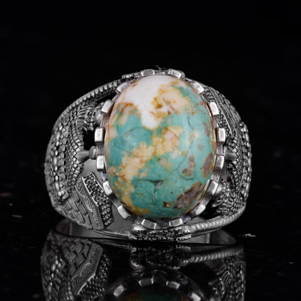 Natural Arizona Turquoise Stone Ring, Islamic Detailed Ring, 925 Sterling Silver Ring — 4