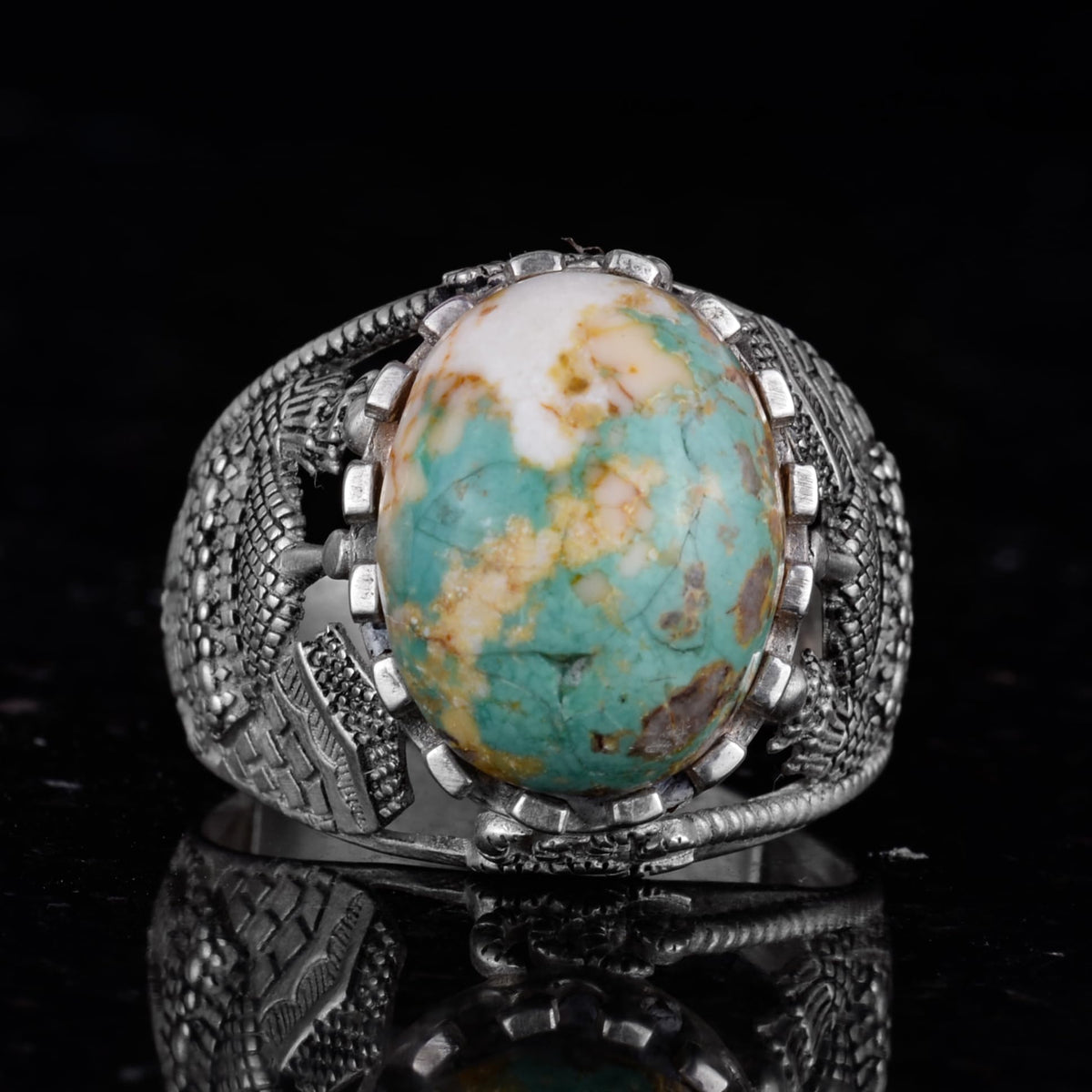 Natural Arizona Turquoise Stone Ring, Islamic Detailed Ring, 925 Sterling Silver Ring — 4