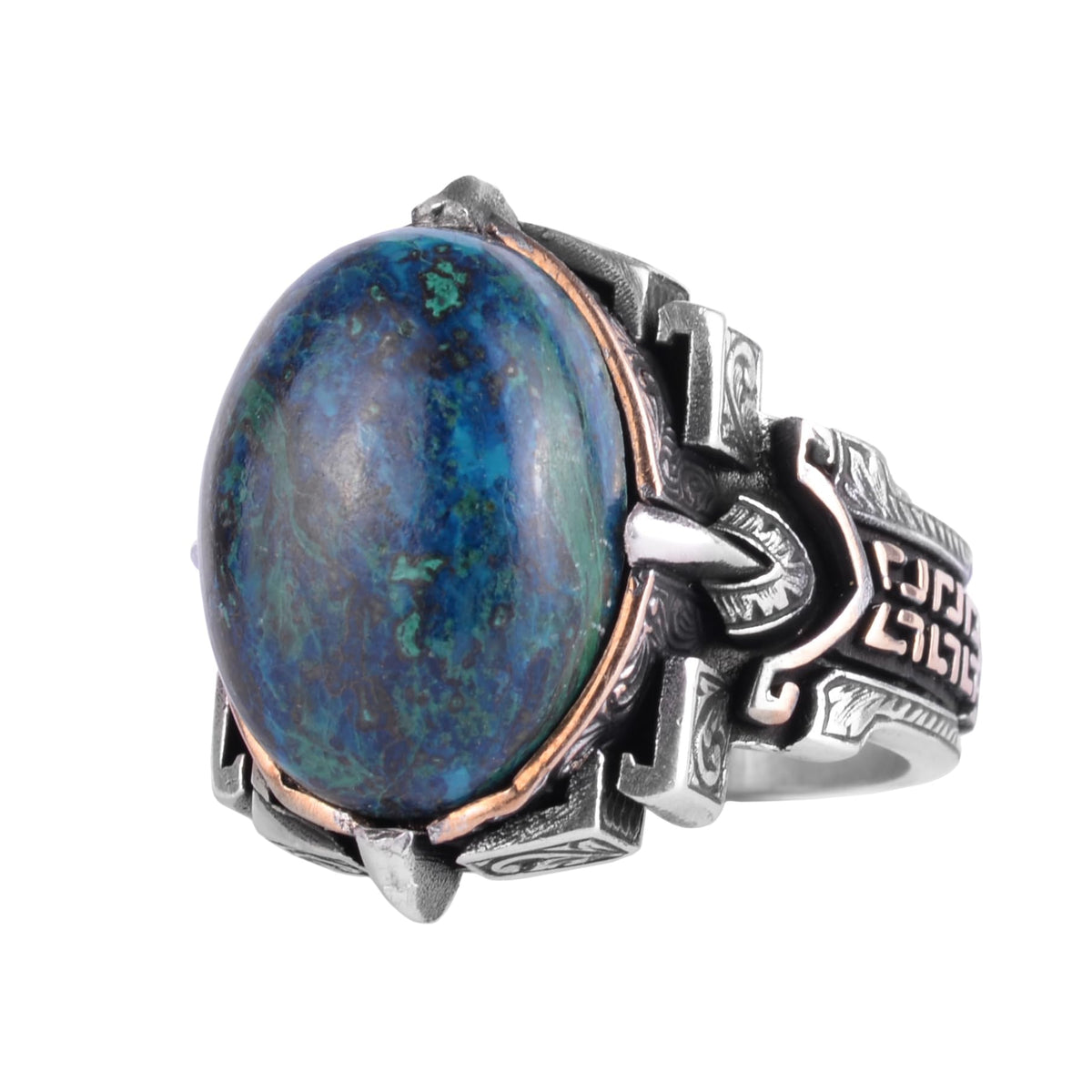 KAMBO Natural Stone Ring 925 Sterling Silver – Handmade Men's Statement Ring Healing Jewelry (Azurite)