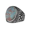 KAMBO Natural Turquoise Stone Men's Ring 925 Sterling Silver Oval Cabochon Ottoman Sliding Pattern Handmade Vintage Style Ring (Turquoise-2)