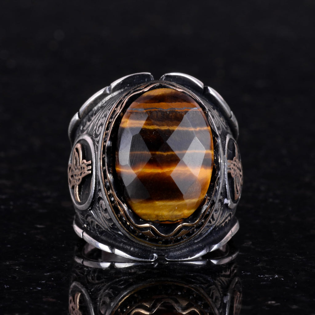 Ottoman Tugra Silver Ring, Natural Stone Ring, 925 Sterling Silver Men's Ring (Tiger Eye) — 3