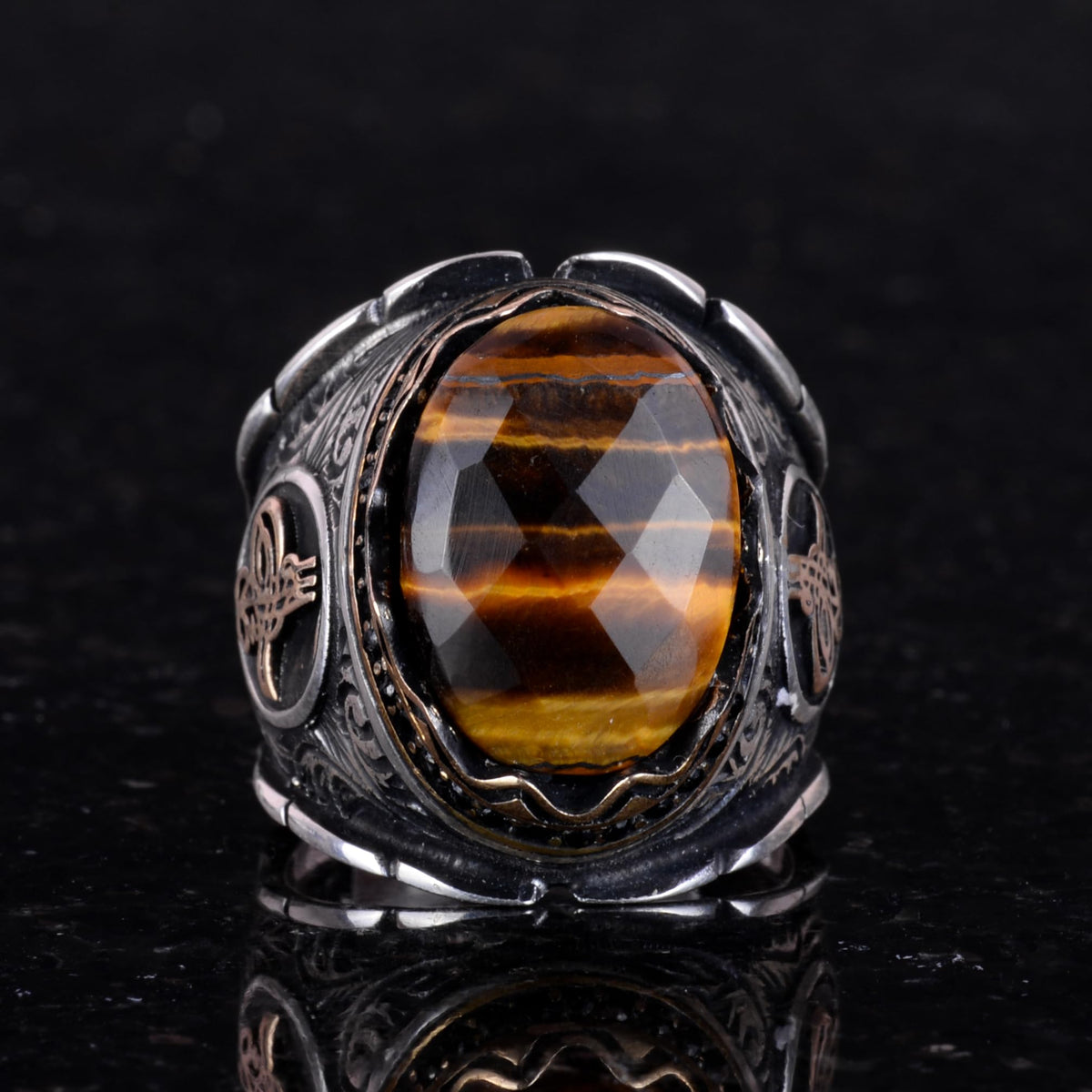 Ottoman Tugra Silver Ring, Natural Stone Ring, 925 Sterling Silver Men's Ring (Tiger Eye) — 3