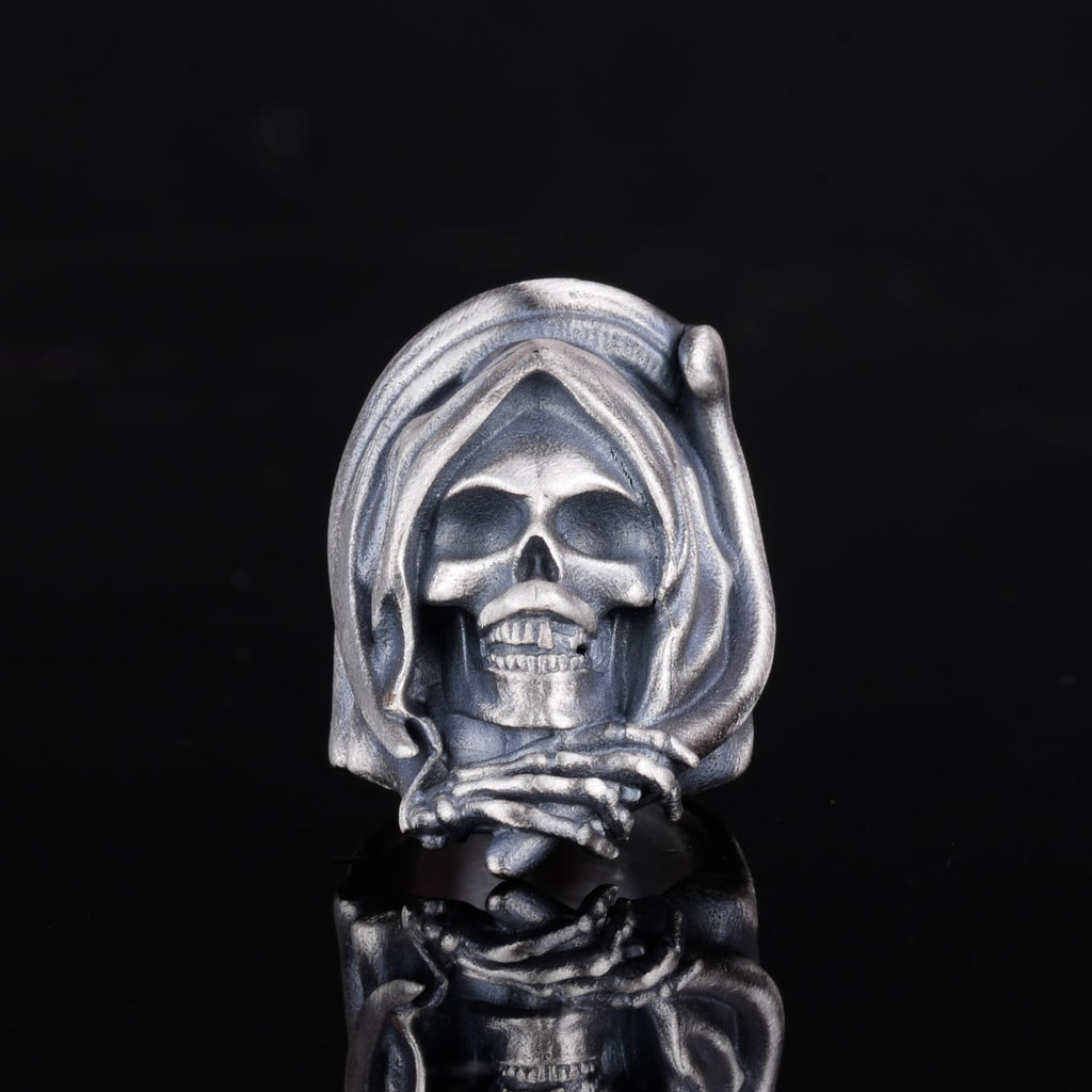 KAMBO 925 Sterling Silver Death Angel Skull Ring – Gothic Men's Silver Ring – Handmade Biker Jewelry – Skeleton Hooded Design (Silver) — 4